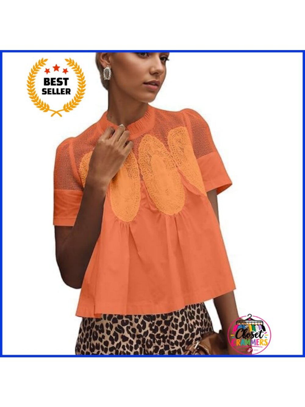Womens Lace Short Sleeve Babydoll Blouse Ruffle Hem Mesh Shirt